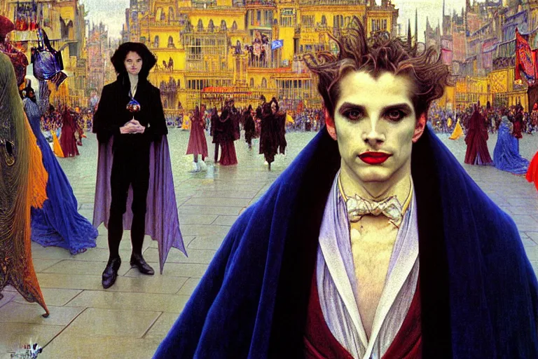 Image similar to realistic extremely detailed closeup portrait painting of an elegant blond male vampire in a cape, detailed crowded city street on background by Jean Delville, Amano, Yves Tanguy, Ilya Repin, Alphonse Mucha, William Holman Hunt, Ernst Haeckel, Edward Robert Hughes, Roger Dean, rich moody colours