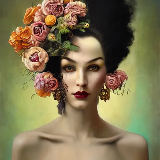 Image similar to dynamic composition, a painting of a woman with hair of flowers and raven plummage wearing ornate earrings, a surrealist painting by tom bagshaw and jacek yerga and tamara de lempicka and jesse king, featured on cgsociety, pop surrealism, surrealist, dramatic lighting, wiccan, pre - raphaelite, ornate gilded details