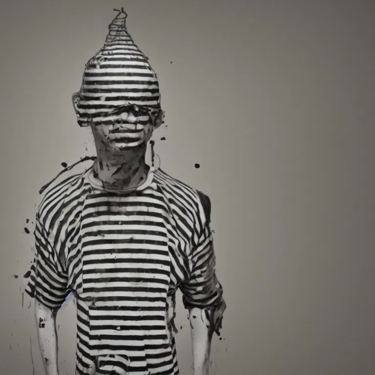 Image similar to bottle headed man wearing striped prison clothing, jail mugshot