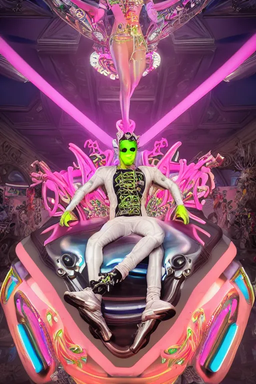 Image similar to full-body rococo and cyberpunk style neon statue of a muscular attractive Sean Mendez sim roupa macho dotado e rico android sim roupa reclining con las piernas abiertas e la piroca dura e afuera, glowing white laser eyes, prince crown of red gears, diamonds, swirling black-colored silk fabric. futuristic elements. full-length view. space robots. alien skulls. intricate artwork by caravaggio. Trending on artstation, octane render, cinematic lighting from the right, hyper realism, octane render, 8k, depth of field, 3D