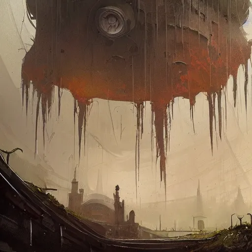 Image similar to concept art by greg rutkowski, a large inner garden under a great dome, desolate, covered in reddish slime on all sides, uncanny atmosphere, low light, scary atmosphere, scifi, highly detailed portrait, digital painting, artstation, concept art, smooth, sharp foccus ilustration, artstation hq