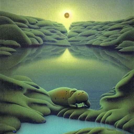 Image similar to platypus on vacation landscape painting by Zdzisław Beksiński