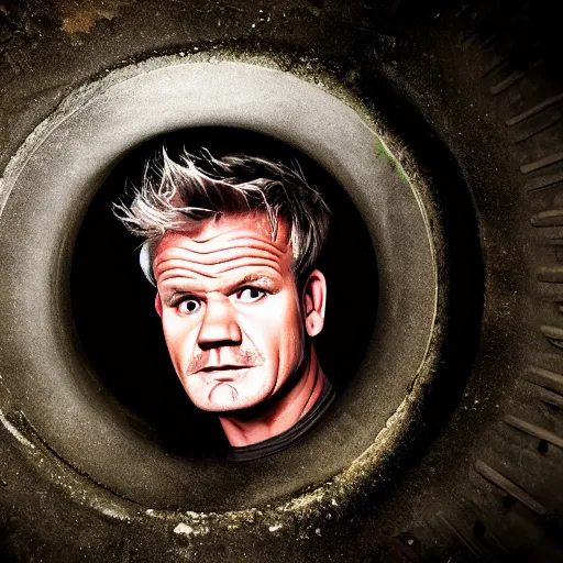 Image similar to Gordon Ramsey hiding in a sewer, creepy, grunge, IT