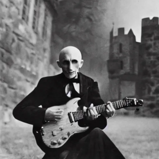 Image similar to vintage photograph of count orlok outside his castle, playing the blues on guitar, castle in the background, 4 k