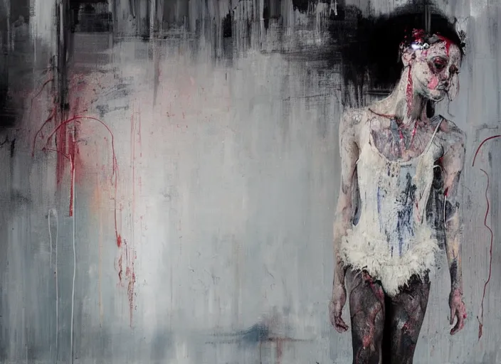 Image similar to young ballerina floating in paint in a big dark room, painted in style of marlene dumas, andreas gursky, pat steir, oil painting, dripping paint, threads, neon, glitch, intricate details, lonely, psychologic, melancholic, symmetrical face, hyper detailed, rendered in octane, cg society contest winner, altermodern