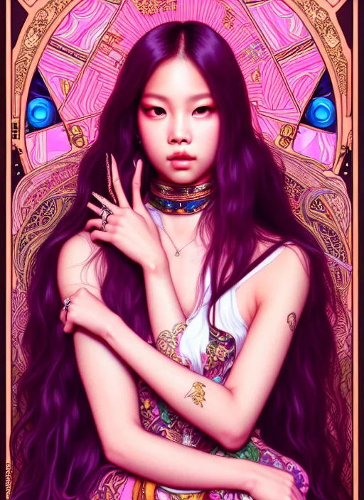 Prompt: jennie of blackpink, queen, tarot card, highly detailed, digital painting, smooth, sharp focus, illustration, ultra realistic, unreal engine, 8 k, art by artgerm and alphonse mucha