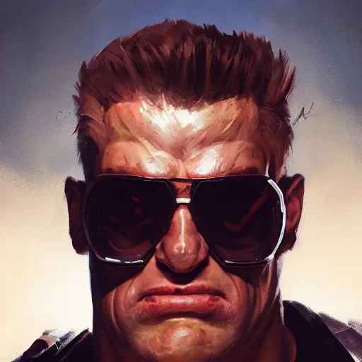 Image similar to a close up portrait of duke nukem, painted by greg rutkowski, digital art, trending on artstation