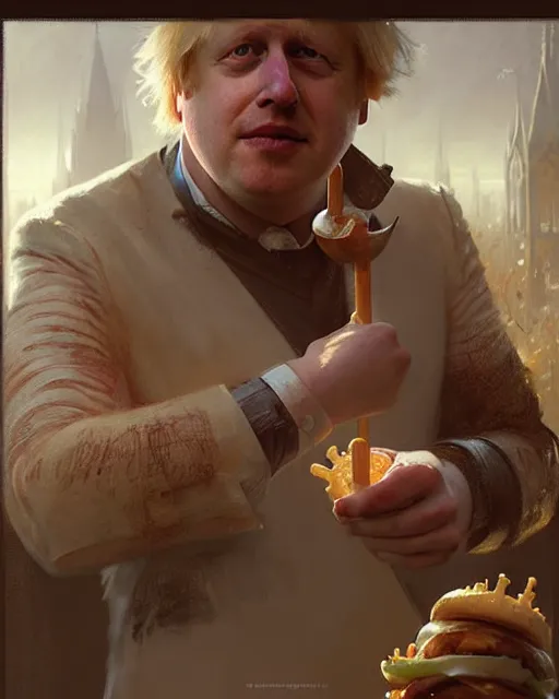 Image similar to boris johnson working at burger king, character portrait, ultra realistic, concept art, intricate details, highly detailed by greg rutkowski, gaston bussiere, craig mullins, simon bisley