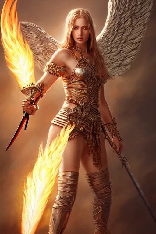 Image similar to a masterpiece ultrarealistic ultradetailed portrait of a very beautiful warrior queen angel with a fire sword, medium shot, intricate, elegant, by stanley artgerm lau, wlop, rossdraws, james jean, andrei riabovitchev, marc simonetti, light by julie bell, porcelain skin. global illumination, vfx