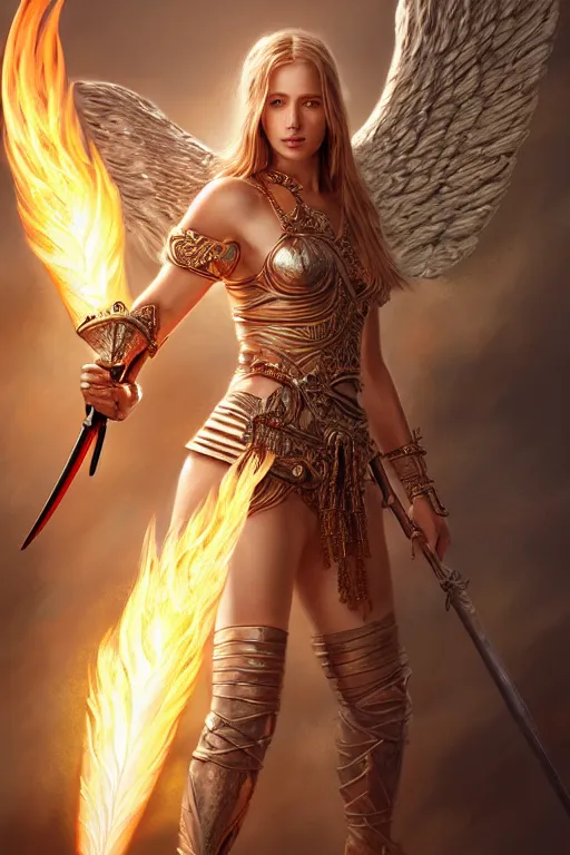 Prompt: a masterpiece ultrarealistic ultradetailed portrait of a very beautiful warrior queen angel with a fire sword, medium shot, intricate, elegant, by stanley artgerm lau, wlop, rossdraws, james jean, andrei riabovitchev, marc simonetti, light by julie bell, porcelain skin. global illumination, vfx