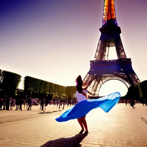 Image similar to an 18 year old woman dancing in front of the eiffel tower in the year 2154, dramatic lighting