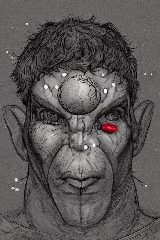 Prompt: portrait of star shaped ogre head with single centered giant bloodshot eye, in the style of Greg Broadmore and Arthur Rackham,trending on artstation, light lighting side view,digital art,surrealism ,macro,blueprint ,vaporwave ,