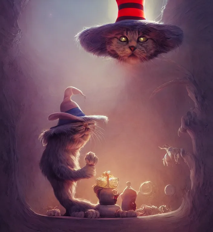 Image similar to complex 3 d render, hyper detailed, ultra sharp, of the cat in the hat, scary, cosmic horror, cinematic, natural soft light, rim light, art by greg rutkowski and artgerm and moebius, dr seuss