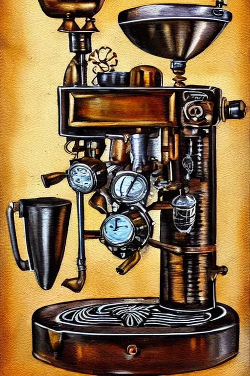 Prompt: steampunk espresso machine painting