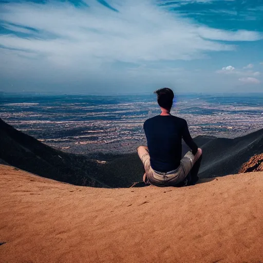 Image similar to man sitting on top peak mountain cliff looking at huge sand tornado