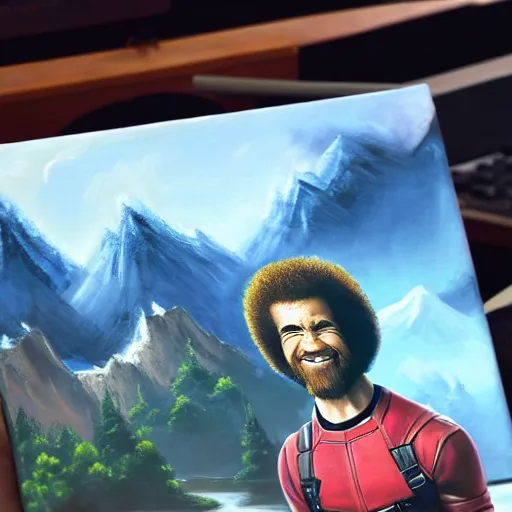 Image similar to a closeup photorealistic photograph of bob ross working on a canvas painting of deadpool. film still. brightly lit scene. mountains and trees. this 4 k hd image is trending on artstation, featured on behance, well - rendered, extra crisp, features intricate detail, epic composition and the style of unreal engine.