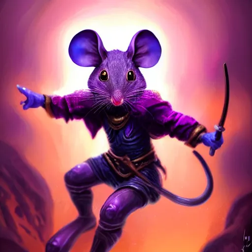 Image similar to mouse warrior reaching for a floating purple crystal with the other, Digital Oil Painting, trending on Artstation, highly detailed, 8k, UHD