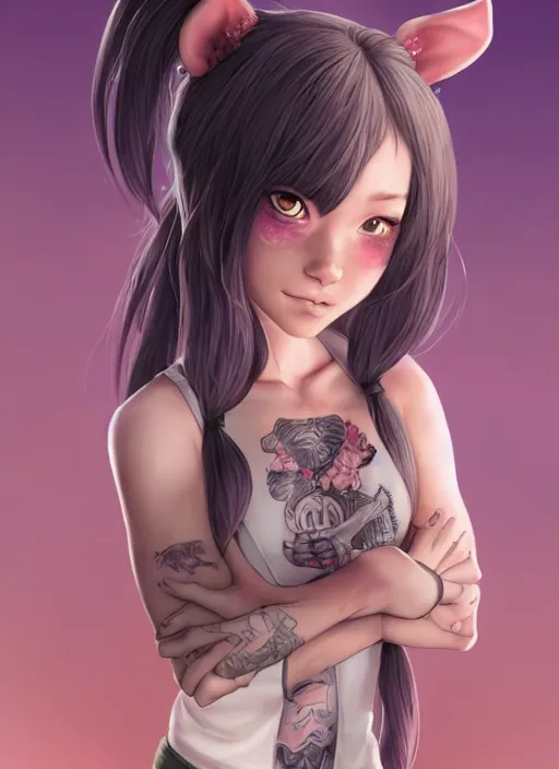 Image similar to character portrait of a female anthropmophic pig with a pigtail. She has a cute beautiful attractive detailed pig snout face wearing a tanktop and slacks standing outside a city tattoo parlor with arm tattoos. Character design by charlie bowater, ross tran, artgerm, and makoto shinkai, detailed, inked, western comic book art