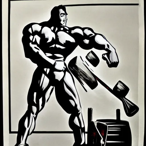 Prompt: propaganda poster of an incredibly muscular man with a sledgehammer cuddling with a robot, sketch, monochrome, bela uitz