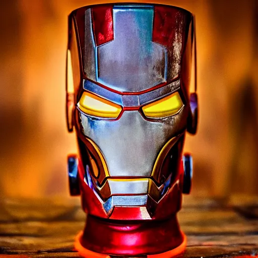 Image similar to a closeup photorealistic photograph of an iron man style tiki mug at a trader vic's beach bar featuring the face of iron man. tiki party. bright scene. fine detail. this 4 k hd image is trending on artstation, featured on behance, well - rendered, extra crisp, features intricate detail, epic composition and the style of unreal engine.