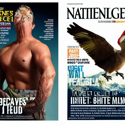 Prompt: birds with beefy arms, national geographic men's health magazine photo