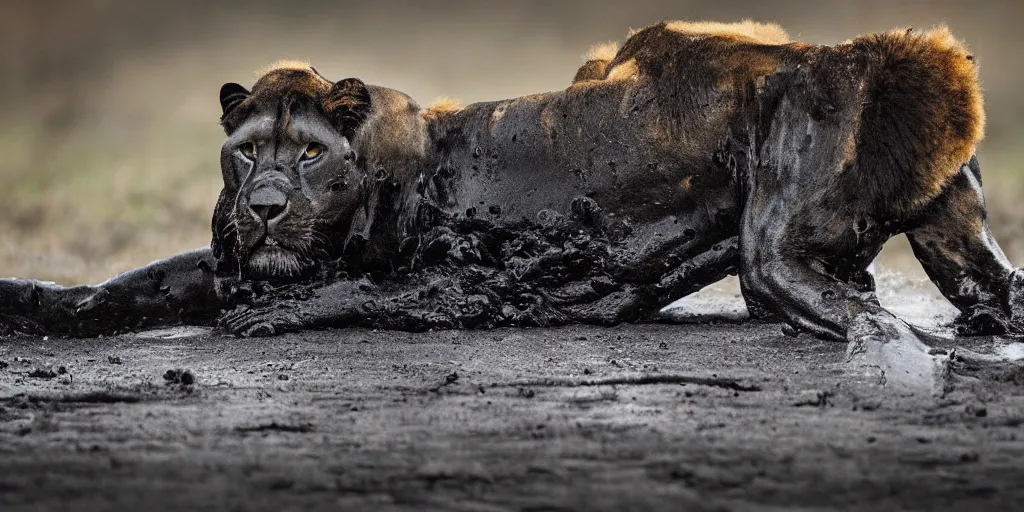 Image similar to a black lioness made of ferrofluid bathing inside the tar pit full of tar, covered with tar. dslr, photography, realism, animal photography, color, savanna, award winning wildlife photography
