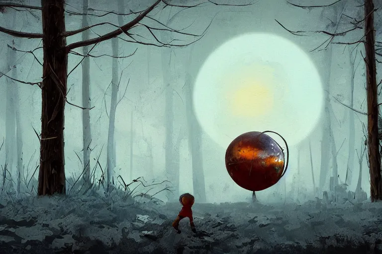 Prompt: surreal painting of a kid hiding in a giant rusted metal sphere in the woods in the style of simon stalenhag, sunset, snow, cold light, digital painting, concept art