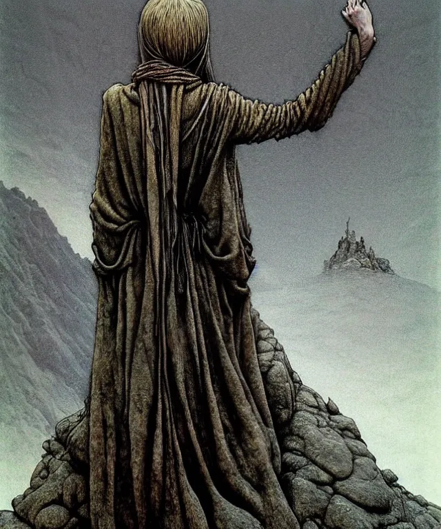 Prompt: A detailed semideer-semiwoman stands among the mountains with a pebble in hand. Wearing a ripped mantle, robe. Extremely high details, realistic, fantasy art, solo, masterpiece, art by Zdzisław Beksiński, Arthur Rackham, Dariusz Zawadzki