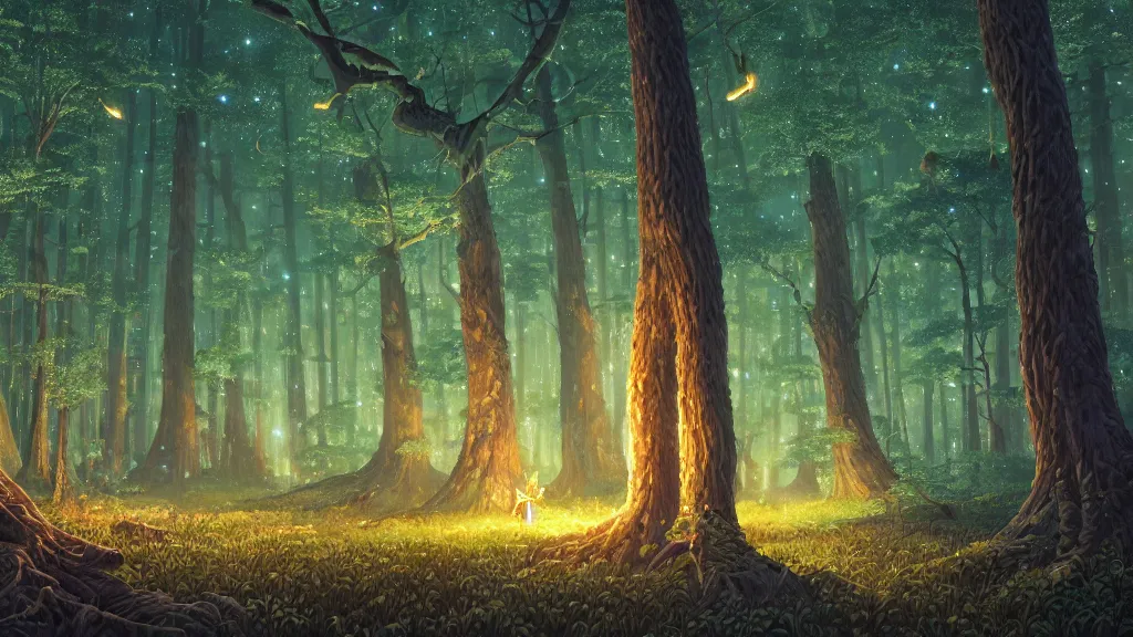 Prompt: highly detailed illustration of an old giant forest with fireflies at night by makoto shinkai, by oliver vernon, by joseph moncada, by damon soule, by manabu ikeda, by kyle hotz, by dan mumford, by otomo, 4 k resolution