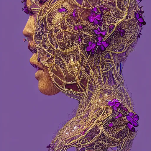 Image similar to the head of an incredibly elegant and beautiful woman partially made of potatoes and violets, an ultrafine detailed illustration by james jean, final fantasy, intricate linework, bright colors, behance contest winner, vanitas, angular, altermodern, unreal engine 5 highly rendered, global illumination, radiant light, detailed and intricate environment