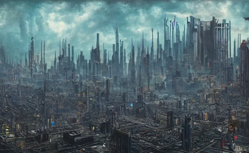 Prompt: a Dystopian gothic surrealism painting of a cyberpunk megalopolis extending up into the sky