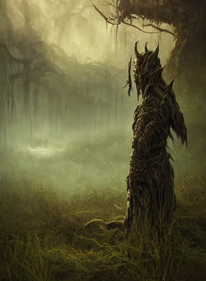 Image similar to a portrait of an onodrim ent guarding the marshy swamps from skyrim, fantasy setting, serene environment, serene colors, soft lighting, atmospheric, cinematic, moody, in the style of diego koi, gina heyer, luiz escanuela, art by alyssa monk, hyperrealism, rule of thirds, golden ratio, oil on canvas, 8 k