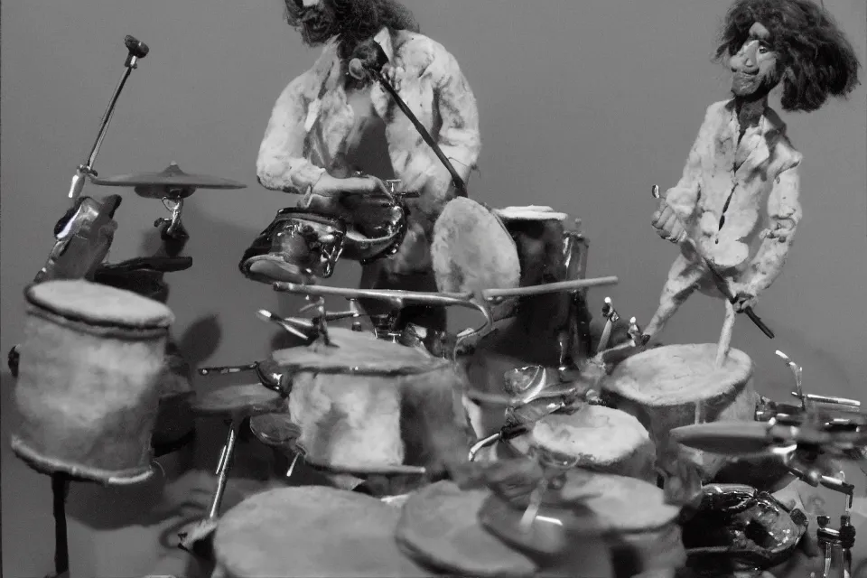 Image similar to a claymation film still of a curly long hair drummer playing the drum set. claymation by bruce bickford