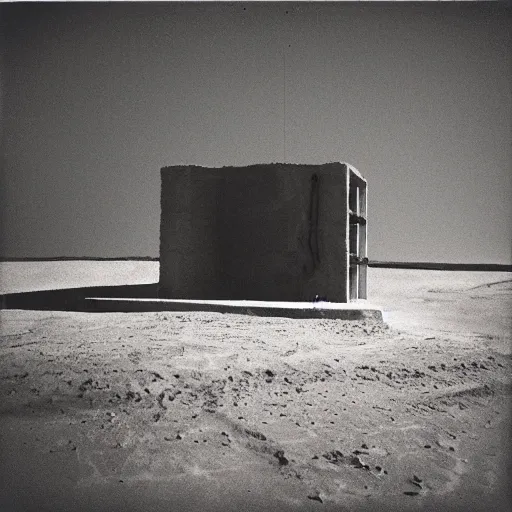 Prompt: concrete structure in the desert at night, minimalistic architecture, dark, surreal, open space, light art, james turrel, old polaroid, expired film,