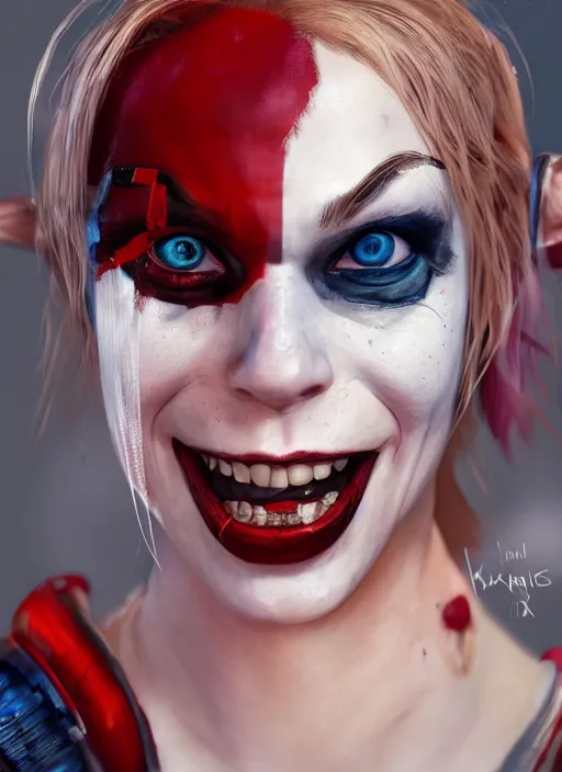 Image similar to portrait of harley quinn, au naturel, hyper detailed, digital art, trending in artstation, cinematic lighting, studio quality, smooth render, unreal engine 5 rendered, octane rendered, art style by klimt and nixeu and ian sprigger and wlop and krenz cushart