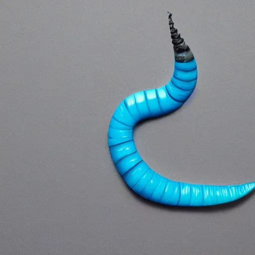 Image similar to studio photograph of a matte dark gray worm with a neon blue head and tail