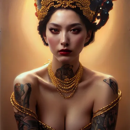 Prompt: expressive oil painting, of alluring european princess, seductive look, smooth glowing skin, glistening body, love, adoration, flushed, ornate headpiece of black beads, glamour shot, tattoos, by yoshitaka amano, by greg rutkowski, by jeremyg lipkinng, by artgerm, digital art, octane render