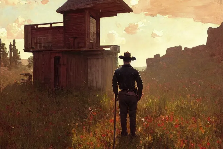 Image similar to Sheriff's office at wild west portrait of sheriff man standing outside, sunny day, digital art by Nerdrum John, William Waterhouse, Winslow Homer, Alex Heywood, Jordan Grimmer, Darren Quach, Greg Rutkowski, Simon Stalenhag, trending on Artstation, CGSociety