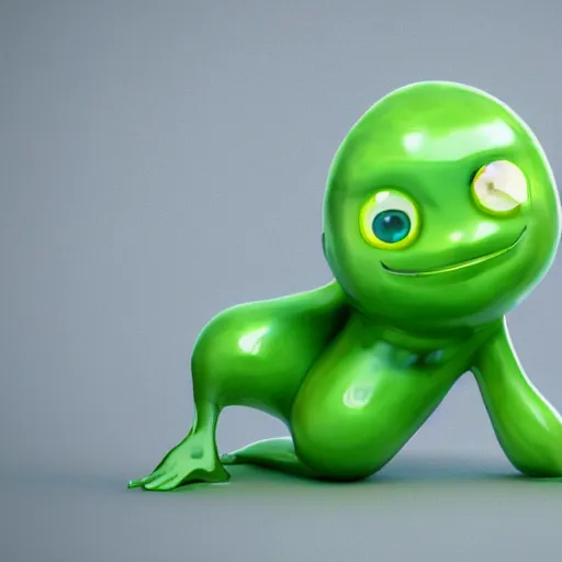 Image similar to 3 d octane render of a transparent chibi green slimeball character with eyes