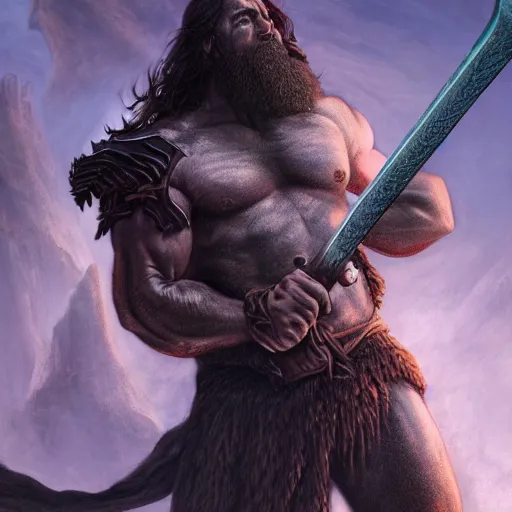 Prompt: an - epic - photo - of - a - bearded - barbarian, muscular, fantasy, masculine, sword, deathscape, wayne barlowe l, mid - action, ultra - detail, dramatic - lighting, octane fender,