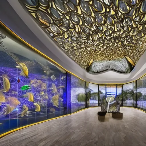 Prompt: extremely detailed ornate stunning beautiful futuristic museum lobby interior for aquatic life theme with large aquariums as the walls by Zaha Hadid