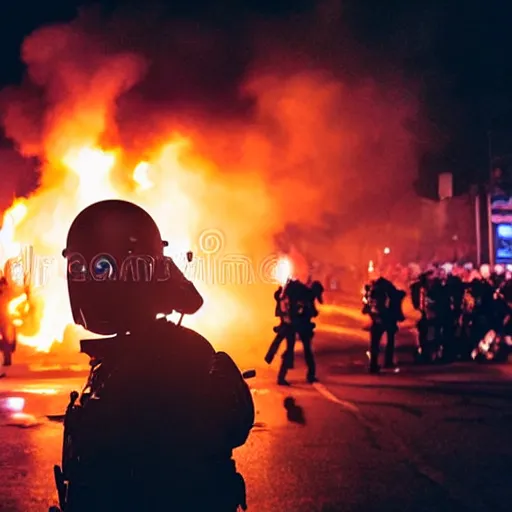 Image similar to portrait of a policeman head on fire during a riot, centered, at night ,editorial photography