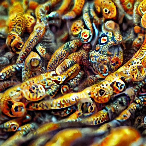 Image similar to fiery whimsical emotional eyes cephalopod, in a photorealistic macro photograph with shallow dof