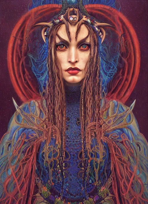 Image similar to Ayahuasca tripping cult magic psychic woman with horns eyes, subjective consciousness psychedelic, epic occult ritual symbolism story iconic, dark witch headdress, oil painting, robe, symmetrical face, greek dark myth, by John William Godward, Jason A Engle, Anna Dittman, masterpiece