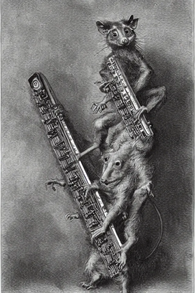 Image similar to A demonic opossum playing a keytar by Gustave Dore, full body grayscale drawing, disturbing, hellish