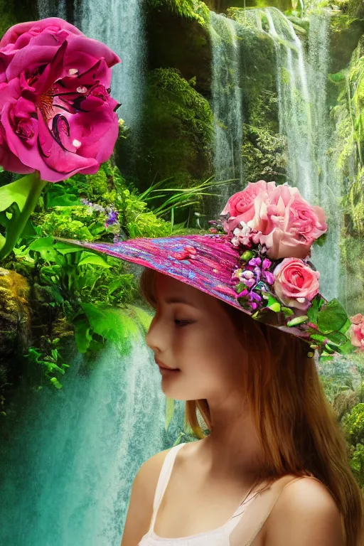 Image similar to girl in flower hat, flower dress, roses, lilies, waterfall cave, water drops, overhead light, japanese carp, 4 k, 8 k