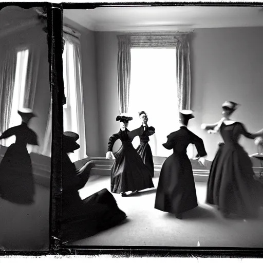 Image similar to pinhole black and white photo of a victorian living room with costumed people dancing