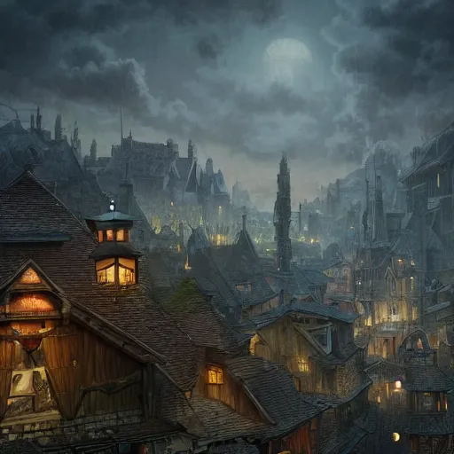 Image similar to a grim dark fantasy town seen from the gutters, dnd encounter, dark fantasy, rain, atmospheric lighting, extremely detailed, no people, photorealistic, octane render, 8 k, unreal engine 5. art by artgerm and greg rutkowski and alphonse mucha