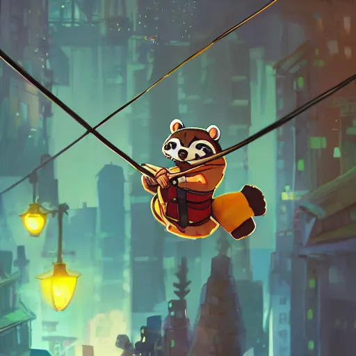 Prompt: adorable tanuki rogue ziplining through a crowded upsidedown city, nighttime, cinematic, ultra detailed, d & d, colorful, hyperrealistic, trending on artstation, studio ghibli, dynamic, vibrant lighting, oil painting, japanese architecture, little nightmares