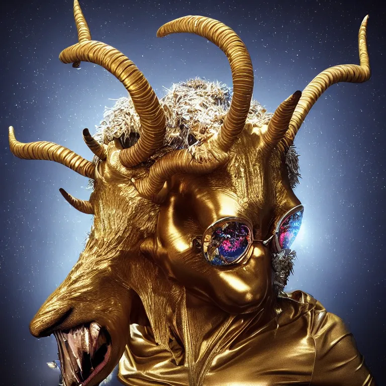 Prompt: octane render portrait by wayne barlow and carlo crivelli and glenn fabry, a demon with the head of a goat with shining golden horns and designer sunglasses wearing a tight iridescent silver latex suit, inside an explosion of glitter, cinema 4 d, ray traced lighting, very short depth of field, bokeh